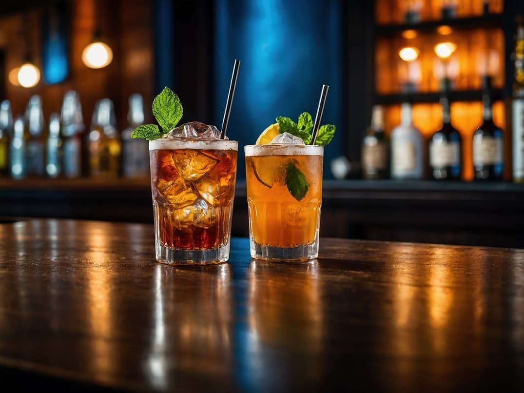 Two cocktail drinks on a bar counter, symbolizing VIP drink services available at Las Vegas strip clubs for Arizona customers.